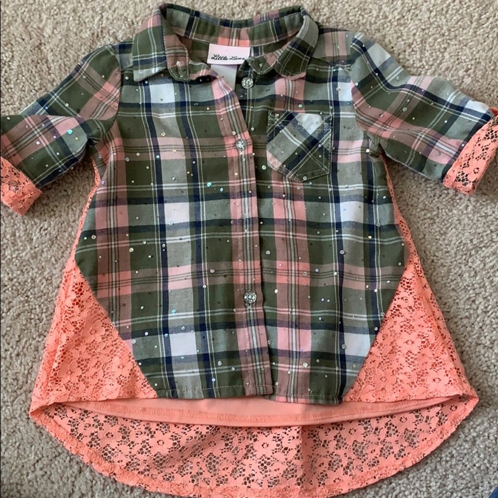 Green plaid shirt with pink lace